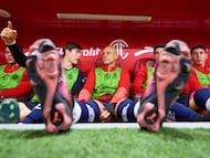 Cade Cowell, Armando Gonzalez, Javier Chicharito Hernandez of Guadalajara  during the 7th round match between Toluca and Guadalajara as part of the Liga BBVA MX, Torneo Clausura 2025 at Nemesio Diez Stadium, on February 15, 2025 in Toluca, Estado de Mexico, Mexico.