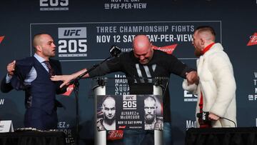 Mayhem at UFC 205 press conference as McGregor robs Alvarez belt