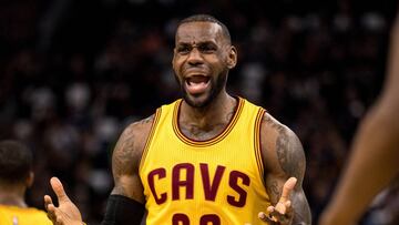 Feb 14, 2017; Minneapolis, MN, USA; Cleveland Cavaliers forward LeBron James (23) argues a call during the first quarter against the Minnesota Timberwolves at Target Center. Mandatory Credit: Brace Hemmelgarn-USA TODAY Sports