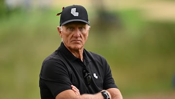 FILE PHOTO: Sep 24, 2023; Sugar Grove, Illinois, USA; Greg Norman watches the action on the 11th green during the final round of the LIV Golf Chicago golf tournament at Rich Harvest Farms. Mandatory Credit: Jamie Sabau-USA TODAY Sports/File Photo