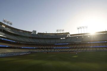 LOS ANGELES, CALIFORNIA - MARCH 30: The Los Angeles Dodgers and the Los Angeles Angels take the field for the game on March 30, 2021 in Los Angeles, California.