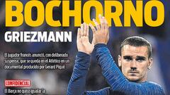 Portada del diario Sport del 15 de junio de 2018, con protagonismo para Antoine Griezmann y su decisi&oacute;n de renunciar al Barcelona y quedarse en el Atl&eacute;tico de Madrid.