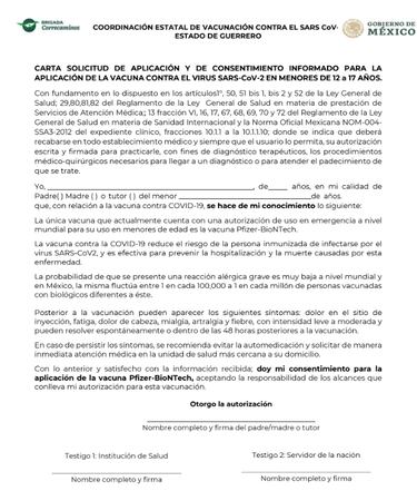 Carta de consentimiento para vacuna covid 12 a 17 años Guerrero: cómo tramitarla