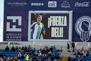 El Hércules quiso mostrar su apoyo a Delibasic en el minuto 23 con un mensaje en el vídeomarcador. La afición aplaudió y coreó su nombre.