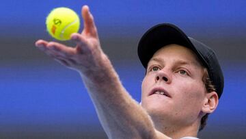 Italy�s Jannik Sinner serves against Chile�s Nicolas Jarry during their men�s single round of 32 match at the China Open tournament in Beijing on September 26, 2024. (Photo by STRINGER / AFP) / China OUT