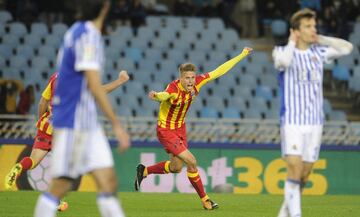 The Segunda B side celebrate after beating Real Sociedad 3-2 in the Copa del Rey.