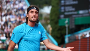 Tennis - ATP Masters 1000 - Monte Carlo Masters - Monte Carlo Country Club, Roquebrune-Cap-Martin, France - April 6, 2026 Greece's Stefanos Tsitsipas reacts during his round of 64 match against Argentina's Francisco Cerundolo REUTERS/Manon Cruz