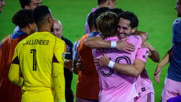 Aug 6, 2023; Frisco, TX, USA; Inter Miami forward Leonardo Campana (9) and midfielder Benjamin Cremaschi (30) celebrates after Cremaschi scores the game winner on penalty kicks during the second half against FC Dallas at Toyota Stadium. Mandatory Credit: Jerome Miron-USA TODAY Sports