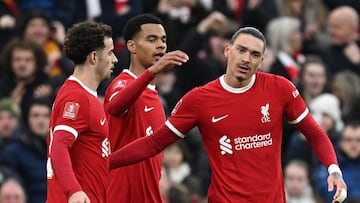 Liverpool's Uruguayan striker #09 Darwin Nunez (R) celebrates scoring the team's second goal during the English FA Cup fourth round football match between Liverpool and Norwich City at Anfield in Liverpool, north west England on January 28, 2024. (Photo by Paul ELLIS / AFP) / RESTRICTED TO EDITORIAL USE. No use with unauthorized audio, video, data, fixture lists, club/league logos or 'live' services. Online in-match use limited to 120 images. An additional 40 images may be used in extra time. No video emulation. Social media in-match use limited to 120 images. An additional 40 images may be used in extra time. No use in betting publications, games or single club/league/player publications. /