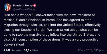 Claudia Sheinbaum habla con Donald Trump tras la amenaza del presidente electo sobre México