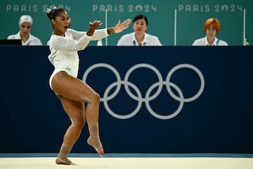 US' Jordan Chiles competes in the artistic gymnastics women's floor exercise final during the Paris 2024 Olympic Games