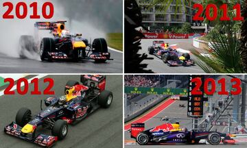 2010 estuvo marcada por el dominio de Red Bull. Pese a los problemas de fiabilidad y errores de pilotaje durante la temporada lograron tanto el campeonato de constructores como el de pilotos (a manos de Vettel). En 2011 logró su segundo título consecutivo con el Red Bull-Renault diseñado por Adrian Newey. En el imagen durante el GP de Mónaco. En 2012 por primera y única vez hubo en la parrilla 6 campeones del mundo: Sebastian Vettel (2 campeonatos en aquel momento), Fernando Alonso (2 campeonatos), Raikkonen, Hamilton y Button (1 campeonato cada uno), y Michael Schumacher (7 campeonatos). El campeón fue de nuevo Vettel, que conseguía así su tercer mundial. Al año siguiente logró su cuarto título con un RB9 inalcanzable para el Ferrari de Fernando Alonso, que acabaría segundo, en la última temporada de los motores V8.