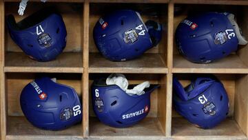 NEW YORK, NEW YORK - OCTOBER 27: A view of the batting helmets of the Los Angeles Dodgers are seen during the World Series Workout Day at Yankee Stadium on October 27, 2024 in the Bronx borough of New York City. Elsa/Getty Images/AFP (Photo by ELSA / GETTY IMAGES NORTH AMERICA / Getty Images via AFP)