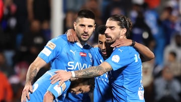 Soccer Football - Saudi Pro League - Al Hilal v Al Wehda - Prince Faisal bin Fahd Stadium, Riyadh, Saudi Arabia - December 15, 2023 Al Hilal's Aleksandar Mitrovic celebrates scoring their second goal with teammates REUTERS/Ahmed Yosri