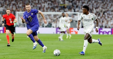 2-0. Gran pase al espacio de Arda Güler para la carrera de Vinicius que asiste al delantero francés para empujar el balón al fondo de la portería de Philipp Köhn.