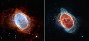 Two side-by-side images show observations of the Southern Ring Nebula in near-infrared light, at left, and mid-infrared light, at right, from NASA's James Webb Space Telescope, a revolutionary apparatus designed to peer through the cosmos to the dawn of the universe and released July 12, 2022. In the Near-Infrared Camera (NIRCam) image, the white dwarf appears to the lower left of the bright, central star, partially hidden by a diffraction spike. The same star appears – but brighter, larger, and redder – in the Mid-Infrared Instrument (MIRI) image. This white dwarf star is cloaked in thick layers of dust, which make it appear larger.    NASA, ESA, CSA, STScI, Webb ERO Production Team/Handout via REUTERS THIS IMAGE HAS BEEN SUPPLIED BY A THIRD PARTY.