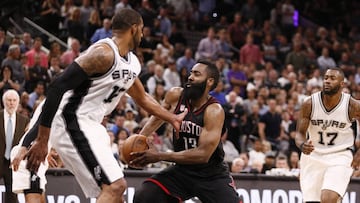 May 9, 2017; San Antonio, TX, USA; Houston Rockets shooting guard James Harden (13) drives to the basket as San Antonio Spurs power forward LaMarcus Aldridge (12) defends during overtime in game five of the second round of the 2017 NBA Playoffs at AT&T Center. Mandatory Credit: Soobum Im-USA TODAY Sports