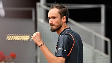 Russia's Daniil Medvedev celebrates taking a point against Italy's Andrea Vavassori during their 2023 ATP Tour Madrid Open tennis tournament singles match at the Caja Magica in Madrid on April 29, 2023. (Photo by OSCAR DEL POZO / AFP)