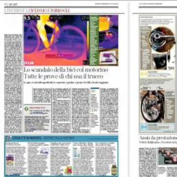 Páginas del Corriere della Sera de su edición del 17 de abril de 2015, con el reportaje sobre el uso de motores en las bicicletas.