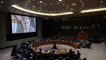 Pink Floyd co-founder Roger Waters is seen speaking on a video screen during a U.N. Security Council meeting on Ukraine at the United Nations headquarters in New York City, U.S., February 8, 2023. REUTERS/Shannon Stapleton       TPX IMAGES OF THE DAY