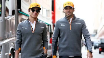 MONTE-CARLO, MONACO - MAY 25: Carlos Sainz of Spain and McLaren F1 and Lando Norris of Great Britain and McLaren F1 walk in the Paddock before final practice for the F1 Grand Prix of Monaco at Circuit de Monaco on May 25, 2019 in Monte-Carlo, Monaco. (Photo by Charles Coates/Getty Images)