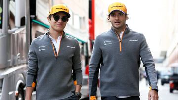 MONTE-CARLO, MONACO - MAY 25: Carlos Sainz of Spain and McLaren F1 and Lando Norris of Great Britain and McLaren F1 walk in the Paddock before final practice for the F1 Grand Prix of Monaco at Circuit de Monaco on May 25, 2019 in Monte-Carlo, Monaco. (Photo by Charles Coates/Getty Images)