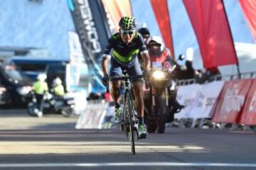 Movistar's Colombian rider Nairo Quintana crosses the finish of the Stage 4 of the 96th Volta Catalunya 2016, a 172,2 km ride from Baga to Port Aine, in la Molina on March 24, 2016.

 / AFP PHOTO / JOSEP LAGO