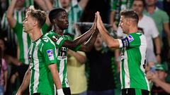 Real Betis' Spanish midfielder Joaquin (R) celebrates scoring his team's second goal with Real Betis' Ivorian midfielder Paul Akouokou (C) during the UEFA Europa League, Group C, first leg football match between Real Betis and Ludogorets Razgrad at the Benito Villamarin stadium in Seville on September 15, 2022. (Photo by CRISTINA QUICLER / AFP) (Photo by CRISTINA QUICLER/AFP via Getty Images)