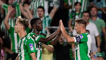 Real Betis' Spanish midfielder Joaquin (R) celebrates scoring his team's second goal with Real Betis' Ivorian midfielder Paul Akouokou (C) during the UEFA Europa League, Group C, first leg football match between Real Betis and Ludogorets Razgrad at the Benito Villamarin stadium in Seville on September 15, 2022. (Photo by CRISTINA QUICLER / AFP) (Photo by CRISTINA QUICLER/AFP via Getty Images)