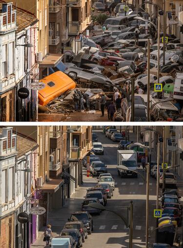 Imagen superior: Los automóviles se apilan en una calle con otros escombros después en el municipio de Sedavi, cerca de Valencia. Imagen inferior: La misma calle en al actualidad. 