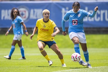 Miah Zuazua (L) of America fights for the ball with Lia Martinez (R) of Cruz Azul during the Liga BBVA MX Femenil Round 1st match between Cruz Azul and America, at La Noria, on July 07, 2024 in Mexico City, Mexico.