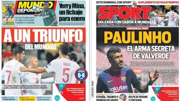 Portadas de los diarios Sport y Mundo deportivo del d&iacute;a 6 de septiembre de 2017.