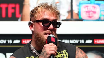 IRVING, TEXAS - NOVEMBER 13: Jake Paul speaks at the final press conference for his upcoming heavyweight fight against Mike Tyson at Toyota Music Factory on November 13, 2024 in Irving, Texas. Ed Mulholland/Getty Images/AFP (Photo by Ed Mulholland / GETTY IMAGES NORTH AMERICA / Getty Images via AFP)