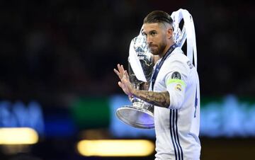 Sergio Ramos of Real Madrid celebrates with The Champions League trophy after the UEFA Champions League Final between Juventus and Real Madrid at National Stadium of Wales on June 3, 2017 in Cardiff, Wales.