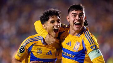Uriel Antuna celebrate this goal 2-0 with Juan Brunetta of Tigres during the Quarter Finals second leg match between Tigres UANL and Los Angeles Galaxy as part of the CONCACAF Champions Cup 2025, at Universitario Stadium on April 08, 2025 in Monterrey, Nuevo Leon, Mexico.