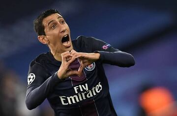 Paris Saint-Germain's Argentinian forward Angel Di Maria celebrates after scoring in the Champions League against Barcelona.