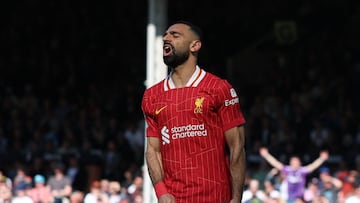 Soccer Football - Premier League - Fulham v Liverpool - Craven Cottage, London, Britain - April 6, 2025 Liverpool's Mohamed Salah reacts Action Images via Reuters/John Sibley EDITORIAL USE ONLY. NO USE WITH UNAUTHORIZED AUDIO, VIDEO, DATA, FIXTURE LISTS, CLUB/LEAGUE LOGOS OR 'LIVE' SERVICES. ONLINE IN-MATCH USE LIMITED TO 120 IMAGES, NO VIDEO EMULATION. NO USE IN BETTING, GAMES OR SINGLE CLUB/LEAGUE/PLAYER PUBLICATIONS. PLEASE CONTACT YOUR ACCOUNT REPRESENTATIVE FOR FURTHER DETAILS..