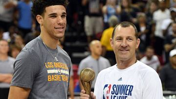 LAS VEGAS, NV - JULY 17: Lonzo Ball (L) #2 of the Los Angeles Lakers accepts the NBA Summer League 2017 Most Valuable Player award from NBA Summer League co-founder and vice president for business operations Albert Hall before the championship game of the 2017 Summer League against the Portland Trail Blazers at the Thomas &amp; Mack Center on July 17, 2017 in Las Vegas, Nevada. Los Angeles won 110-98. NOTE TO USER: User expressly acknowledges and agrees that, by downloading and or using this photograph, User is consenting to the terms and conditions of the Getty Images License Agreement.   Ethan Miller/Getty Images/AFP
 == FOR NEWSPAPERS, INTERNET, TELCOS &amp; TELEVISION USE ONLY ==