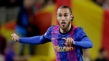 Óscar Mingueza, durante el partido de vuelta de los cuartos de final de la Europa League entre el Barcelona y el Eintracht de Frankfurt.