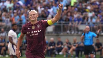 COLUMBUS, OHIO - AUGUST 03: Erling Haaland #9 of Manchester City celebrates a goal in the first half of the pre-season friendly against Chelsea FC at Ohio Stadium on August 03, 2024 in Columbus, Ohio. Jason Mowry/Getty Images/AFP (Photo by Jason Mowry / GETTY IMAGES NORTH AMERICA / Getty Images via AFP)