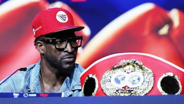 NEW YORK, NEW YORK - MARCH 06: William Scull of Cuba looks on during his press conference with Canelo Alvarez of Mexico (not pictured) to promote their Super Middleweight World Championship fight at Radio City Music Hall on March 06, 2025 in New York City. Sarah Stier/Getty Images/AFP (Photo by Sarah Stier / GETTY IMAGES NORTH AMERICA / Getty Images via AFP)