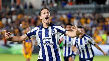 Aug 8, 2023; Houston, TX, USA; CF Monterrey midfielder Sergio Canales (10) celebrates scoring on a penalty kick against Tigres in the second half at Shell Energy Stadium. Mandatory Credit: Thomas Shea-USA TODAY Sports     TPX IMAGES OF THE DAY
