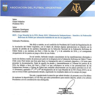 La carta de la AFA a la FIFA tras conocerse la sanción a Bolivia