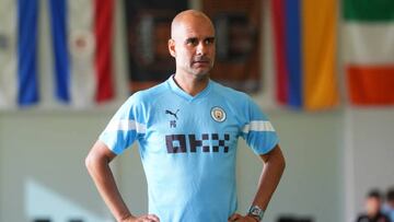 HOUSTON, TEXAS - JULY 18: Pep Guardiola, Manager of Manchester City looks on during the Manchester City Training Session at Houston Sports Park on July 18, 2022 in Houston, Texas. (Photo by Matt McNulty - Manchester City/Manchester City FC via Getty Images)