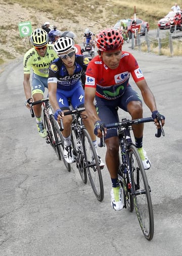 Nairo Quintana, Gianluca Brambilla y Alberto Contador, durante la subida a Formigal en la Vuelta a España.