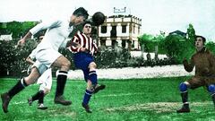 Santiago Bernab&eacute;u remata sobre la meta del Athletic. En 1920 el que luego ser&iacute;a presidente blanco firmar&iacute;a por los rojiblancos. Estar&iacute;a un a&ntilde;o.