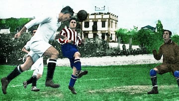 Santiago Bernabéu remata sobre la meta del Athletic. En 1920 el que luego sería presidente blanco firmaría por los rojiblancos. Estaría un año.
