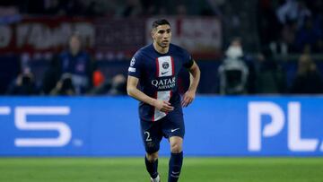 PARIS, FRANCE - FEBRUARY 14: Achraf Hakimi of Paris Saint Germain during the UEFA Champions League match between Paris Saint Germain v Bayern Munchen at the Parc des Princes on February 14, 2023 in Paris France (Photo by David S. Bustamante/Soccrates/Getty Images)