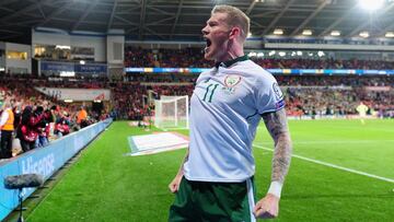 CARDIFF, CARDIFF - OCTOBER 09: James McClean of the Republic of Ireland celebrates as he scores their first goal during the FIFA 2018 World Cup Group D Qualifier between Wales and Republic of Ireland at the Cardiff City Stadium on October 9, 2017 in Car