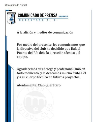 Rafael Puente dejó la dirección técnica de los Gallos Blancos